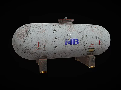 Rusty White Storage Tank With Blue MB Logo Red Number 1 And Base Stands 3d model