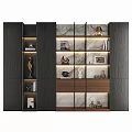 Modern Storage Cabinet Shelf With Wooden And Marble Design LED Lighting Decorative Sculptures Books Frames