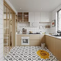 Modern Kitchen Interior With White Cabinets Wooden Countertops White Tiled Walls Blinds And Appliances