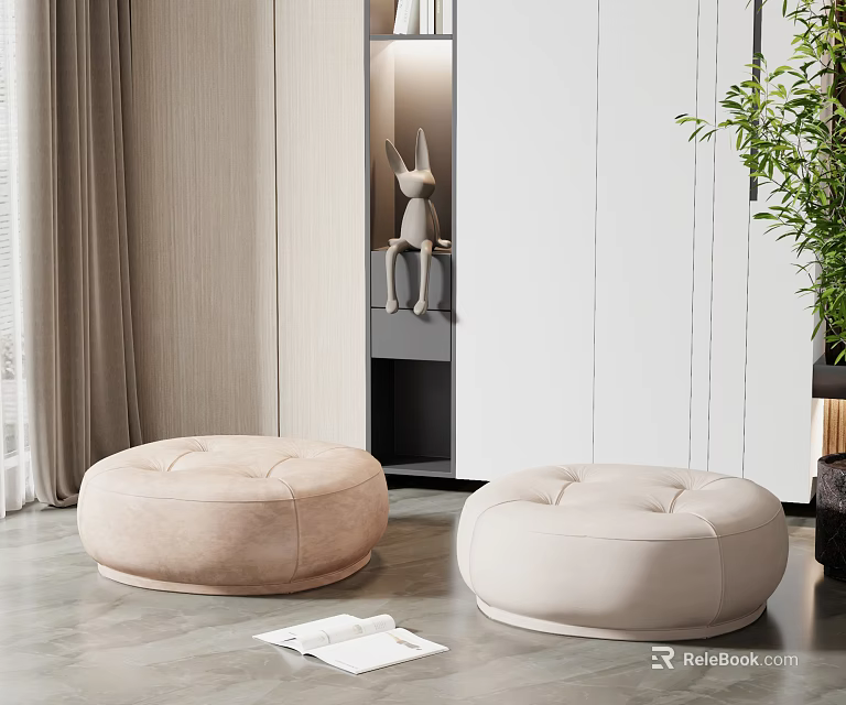 Round Light Beige Fabric Sofa Stools In Modern Interior With Button Tufted Design 3d model