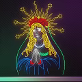 Colorful Neon Decorative Light With Female Figure Star Crown And Praying Hands On Dark Wall