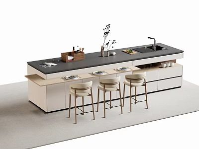 Modern Home Bar Counter With Black Countertop White Cabinetry And Wooden Bar Stools 3d model