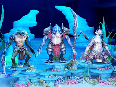Mythical Marine Creature Game Movie Characters In Underwater Coral Rock Scene With Weapons 3d model