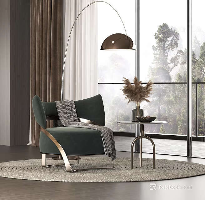 Green Armchair With Gray Blanket And Side Table Near Large Window With Trees View 3d model