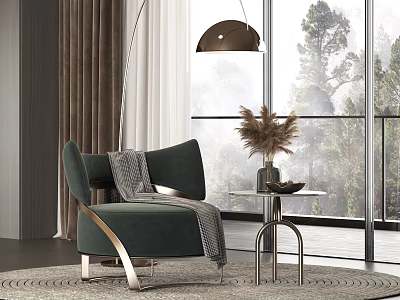 Green Armchair With Gray Blanket And Side Table Near Large Window With Trees View 3d model
