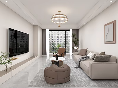 Modern Minimalist Open Living And Dining Room Interior Design With Cozy Sofas And Large Windows 3d model