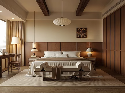 Warm Natural Bedroom With Wooden Beams Pendant Light Upholstered Bed Nightstands Lamps And Curtains 3d model