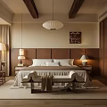 Warm Natural Bedroom With Wooden Beams Pendant Light Upholstered Bed Nightstands Lamps And Curtains