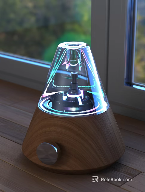 Modern Electronic Device With Transparent Cone Design Wooden Base Black Components And Colorful Light Effects 3d model 