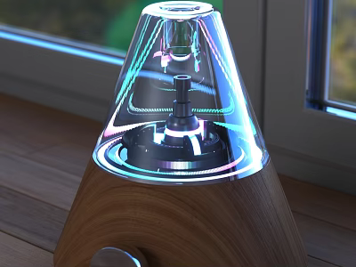 Modern Electronic Device With Transparent Cone Design Wooden Base Black Components And Colorful Light Effects 3d model
