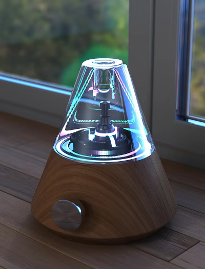 Modern Electronic Device With Transparent Cone Design Wooden Base Black Components And Colorful Light Effects 3d model