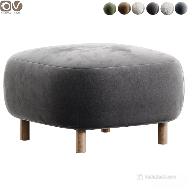 Modern Gray Round Ottoman With Soft Fabric And Wooden Legs Design 3d model 