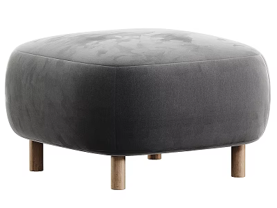 Modern Gray Round Ottoman With Soft Fabric And Wooden Legs Design 3d model