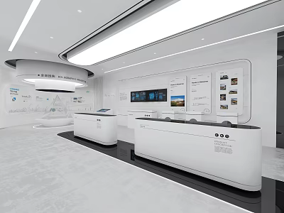 Modern White Exhibition Hall With Display Counters Wall Screens And Information Charts 3d model