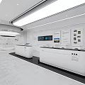 Modern White Exhibition Hall With Display Counters Wall Screens And Information Charts