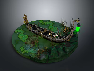 Weathered Old Boat on Green Mossy Base with Reeds and Glowing Green Lantern 3d model