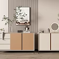 Modern Entryway Cabinet And Side Cabinet With Beige White Finish Metal Legs And Decorative Plants 3d model