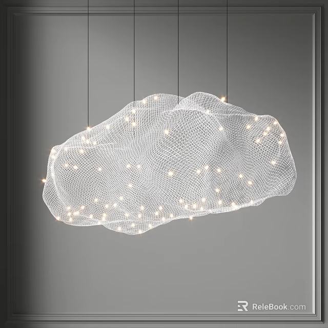 Cloud Shaped White Mesh Chandelier Hanging With Small Lights In Grey Background 3d model 
