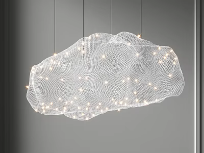 Cloud Shaped White Mesh Chandelier Hanging With Small Lights In Grey Background 3d model