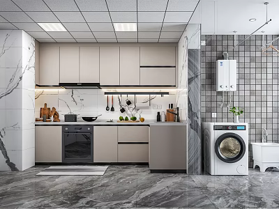 Modern Kitchen Interior With Beige Cabinets Marble Countertop Tile Wall And Appliances 3d model