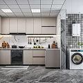 Modern Kitchen Interior With Beige Cabinets Marble Countertop Tile Wall And Appliances
