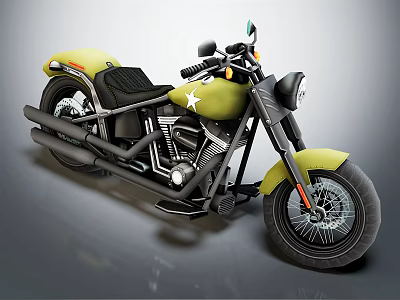 Yellow Classic Cruiser Motorcycle With Black Seat Handlebar And Star Emblem 3d model