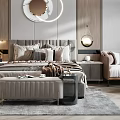 Modern Bedroom Interior With Circular Mirror Gray Bed Multiple Pillows Wooden Walls And Herringbone Rug