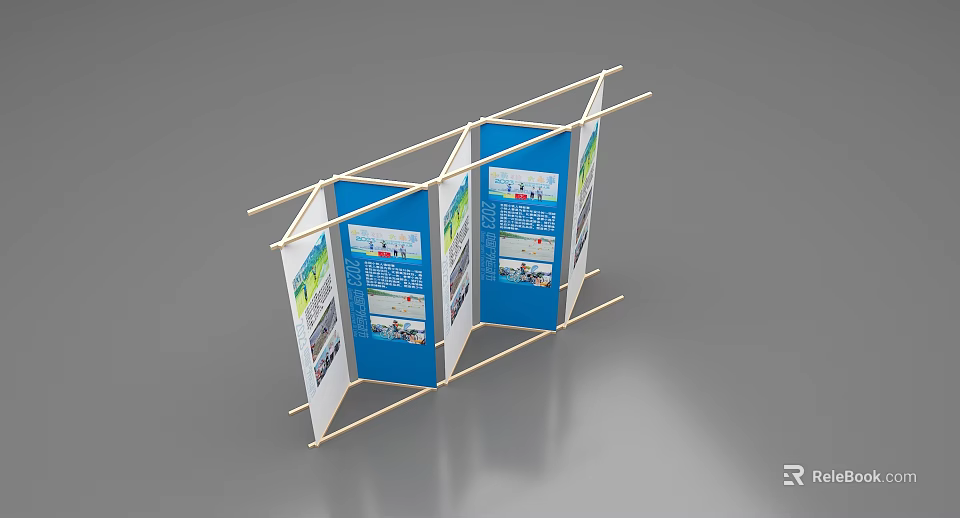 Folding Exhibition Display Board With Blue Panels And Informational Graphics 3d model 