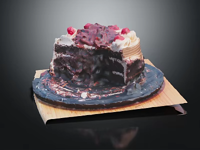 Chocolate Cake With Cherry Topping Sliced Piece Cream Layers On Black Plate Wooden Base 3d model