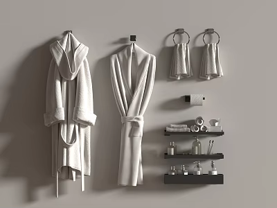 Bathroom Towels and Robes Hanging on Wall with Shelf and Toiletries 3d model