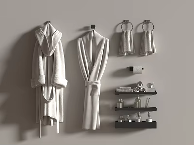 Bathroom Towels and Robes Hanging on Wall with Shelf and Toiletries 3d model Bathroom Towels and Robes Hanging on Wall with Shelf and Toiletries 3d model