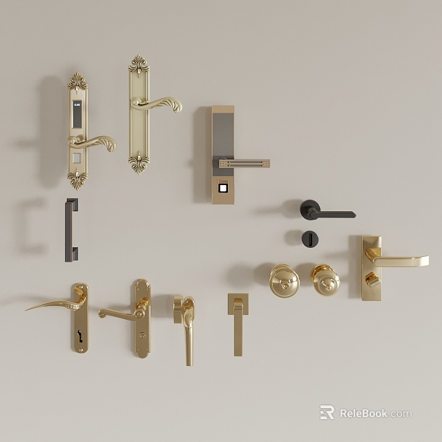 Various Stylish Door Handles in Gold Black and Silver Finishes with Modern Classic Designs 3d model 