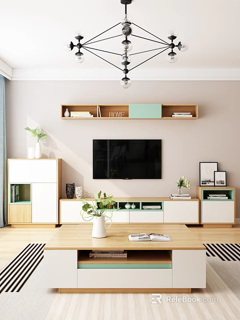 Modern Wooden TV Stand with White Green Storage and Wall Mounted Shelves 3d model 