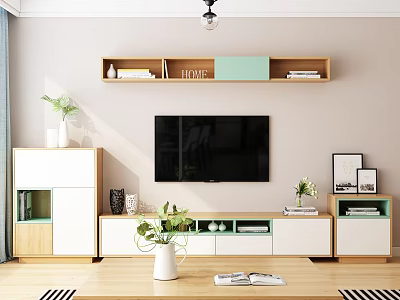 Modern Wooden TV Stand with White Green Storage and Wall Mounted Shelves 3d model