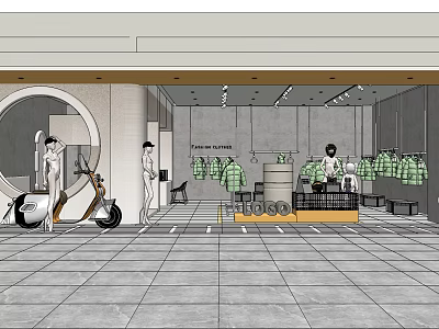Modern Clothing Store Interior With Mannequins Green Plaid Shirts And Display Counter 3d model