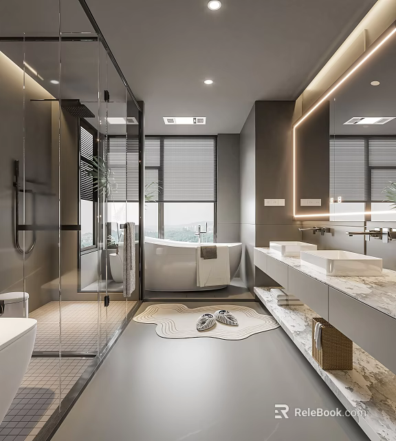 Modern Bathroom Interior Design With Glass Shower Enclosure Freestanding Bathtub Double Vanity And Marble Countertops 3d model 