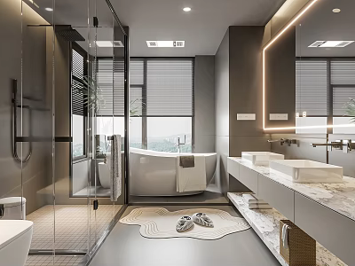 Modern Bathroom Interior Design With Glass Shower Enclosure Freestanding Bathtub Double Vanity And Marble Countertops 3d model