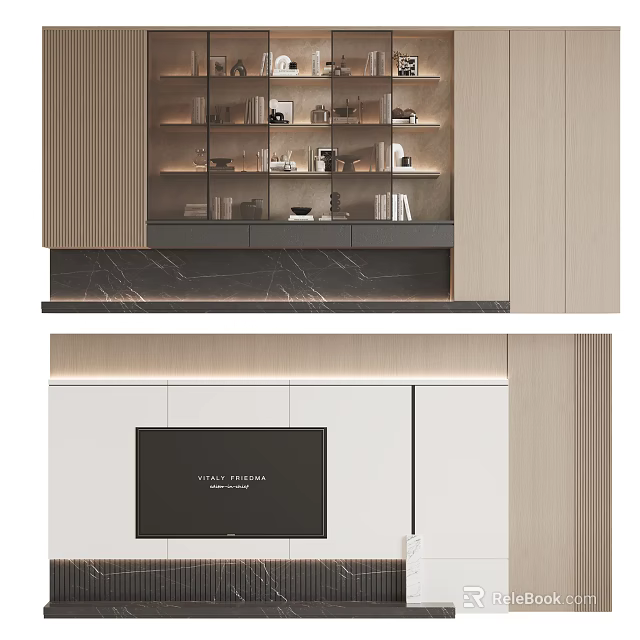 Modern Minimalist TV Wall Interior Design With Wooden Cabinets And Marble Panels 3d model 