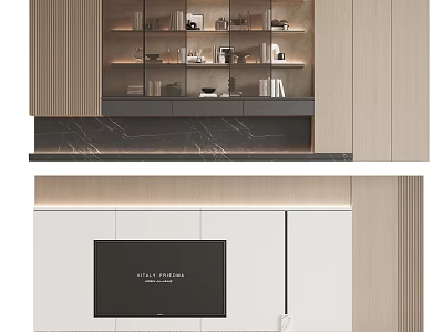 Modern Minimalist TV Wall Interior Design With Wooden Cabinets And Marble Panels 3d model