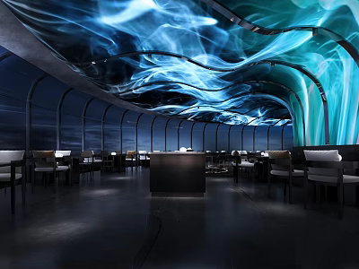 Modern Restaurant Interior With Blue Flowing Ceiling Light And Curved Design 3d model