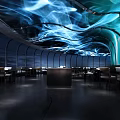 Modern Restaurant Interior With Blue Flowing Ceiling Light And Curved Design