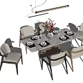 Modern Minimalist Dining Table Set With Chairs Tableware And Hanging Light 3d model
