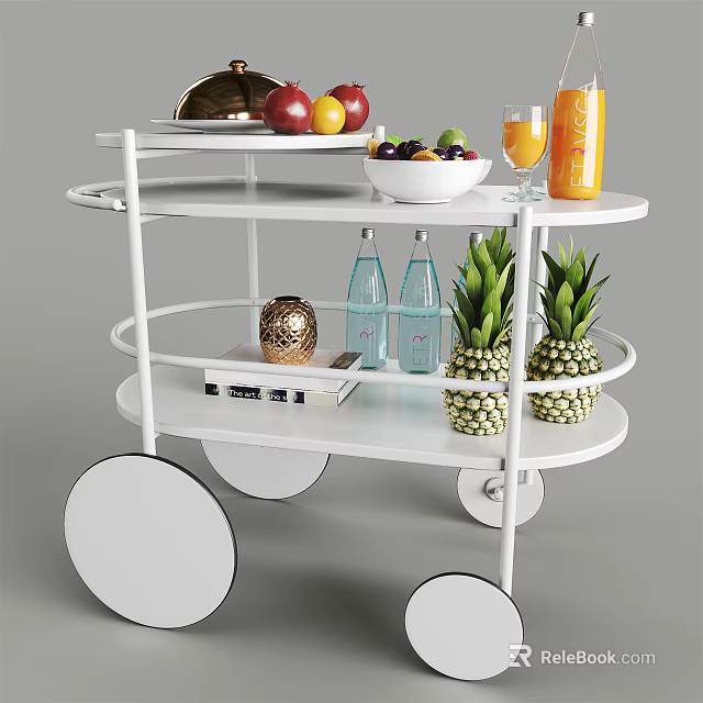 Commercial Serving Cart White Three Tier Mobile With Fruits Bottled Drinks And Decorative Items 3d model 