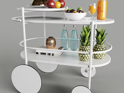Commercial Serving Cart White Three Tier Mobile With Fruits Bottled Drinks And Decorative Items 3d model