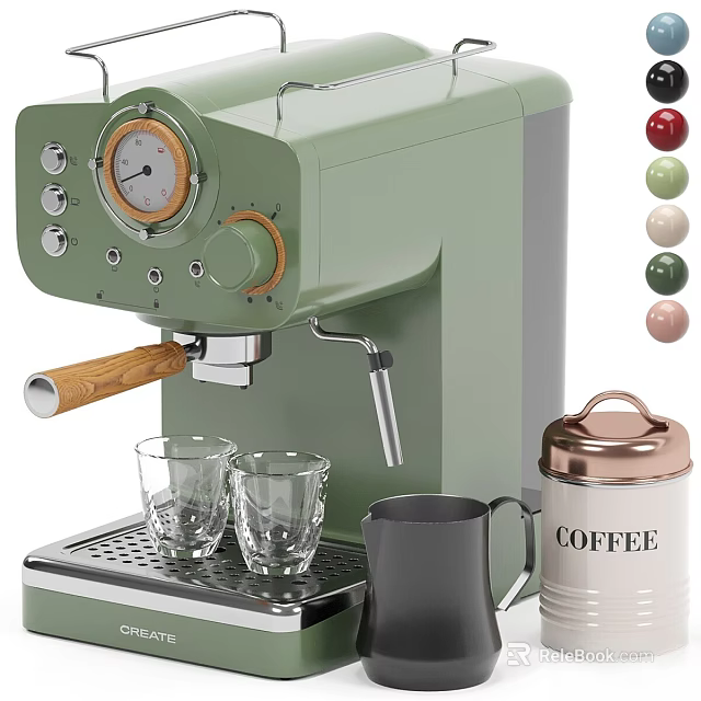 Stylish Green Coffee Machine With Wooden Handle Glass Cups Coffee Canister And Color Options 3d model 
