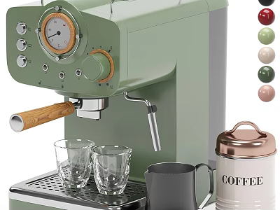 Stylish Green Coffee Machine With Wooden Handle Glass Cups Coffee Canister And Color Options 3d model