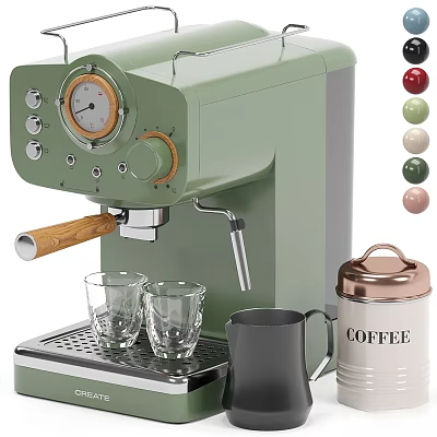 Stylish Green Coffee Machine With Wooden Handle Glass Cups Coffee Canister And Color Options 3d model