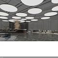 Luxurious Grand Hall Interior Design With Circular Gold Trim Lights Brown Bar And Geometric Flooring