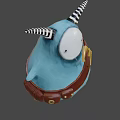 Blue Animated Game Character With Black White Striped Horns White Face And Brown Belt