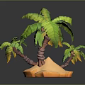 Cartoon Scene With Three Palm Trees And Green Leaves On Orange Sandy Island